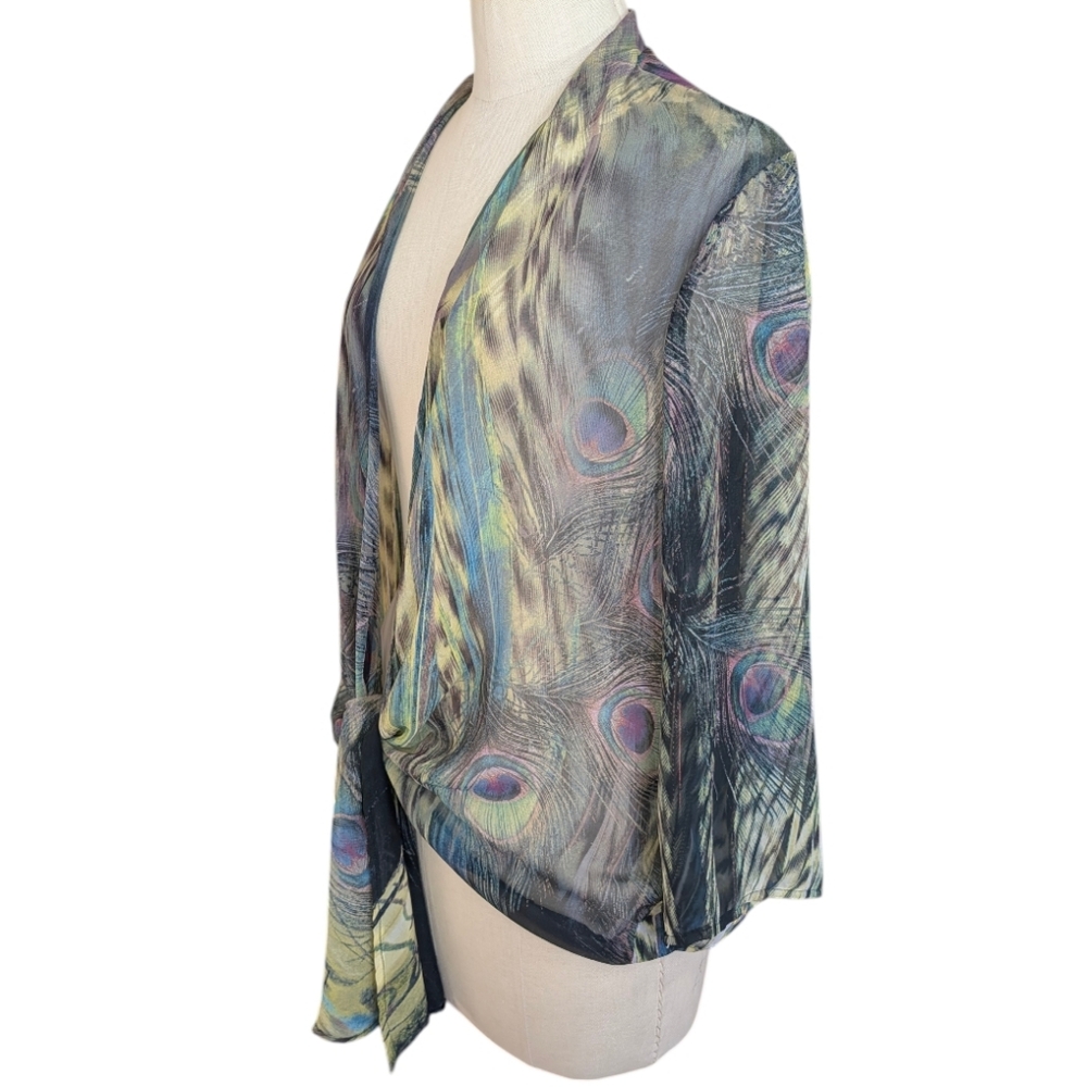 Chenault sheerchiffon peacock Kimono jacket duster, W/ knot/tie front. Medium. - Picture 2 of 16